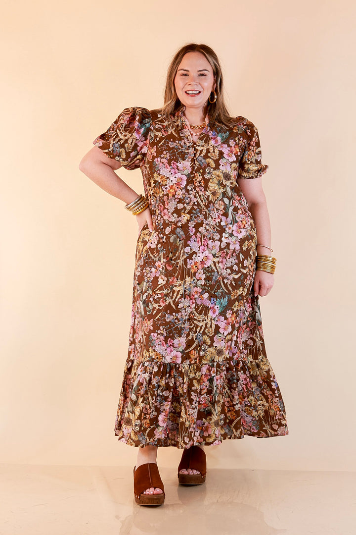 Room to Bloom Floral Eyelet Ruffle Collar Puff Sleeve Maxi Dress in Brown