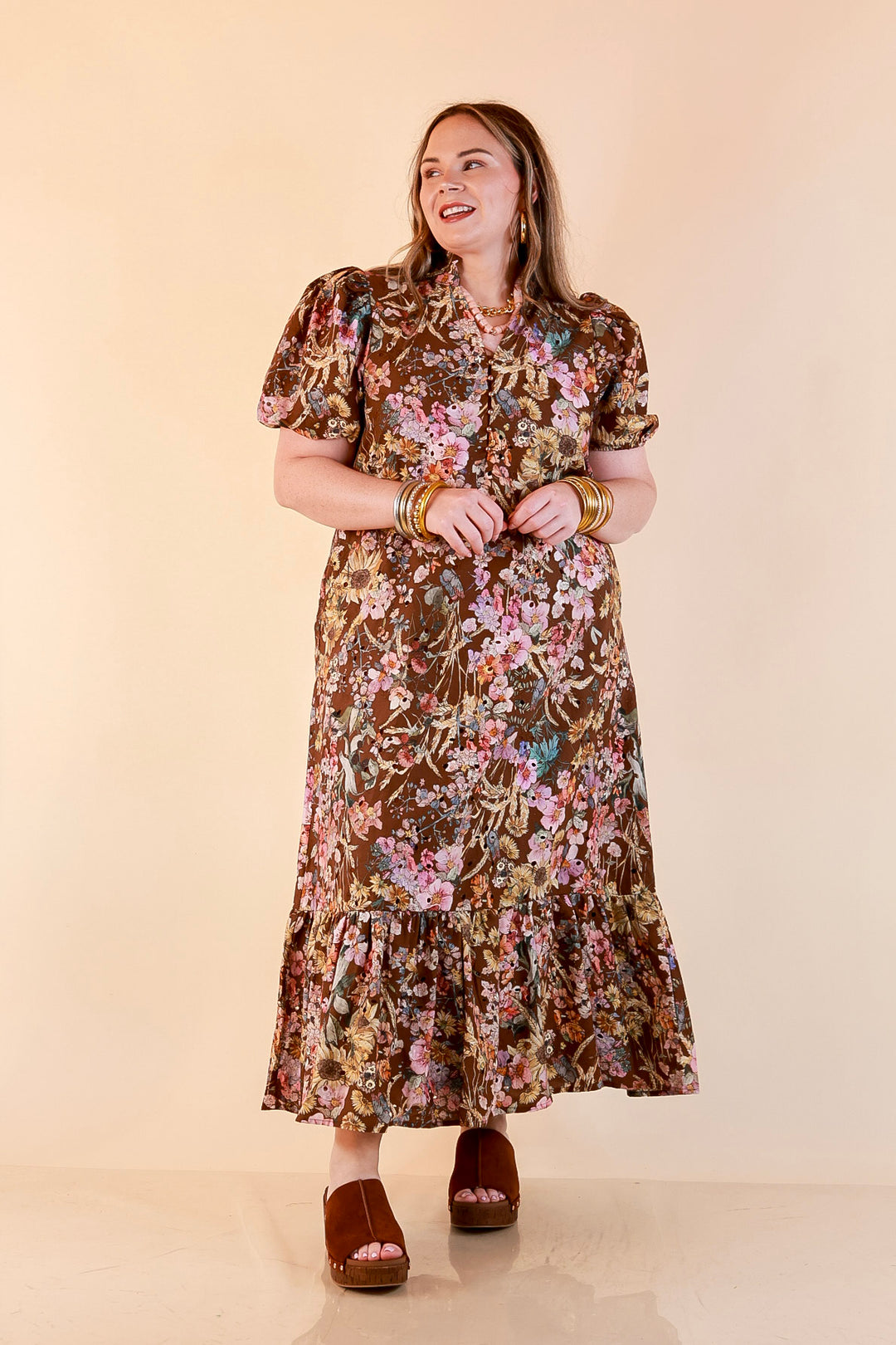 Room to Bloom Floral Eyelet Ruffle Collar Puff Sleeve Maxi Dress in Brown