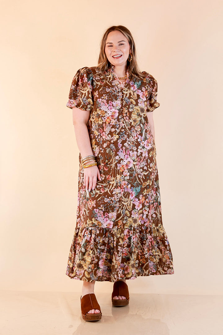 Room to Bloom Floral Eyelet Ruffle Collar Puff Sleeve Maxi Dress in Brown