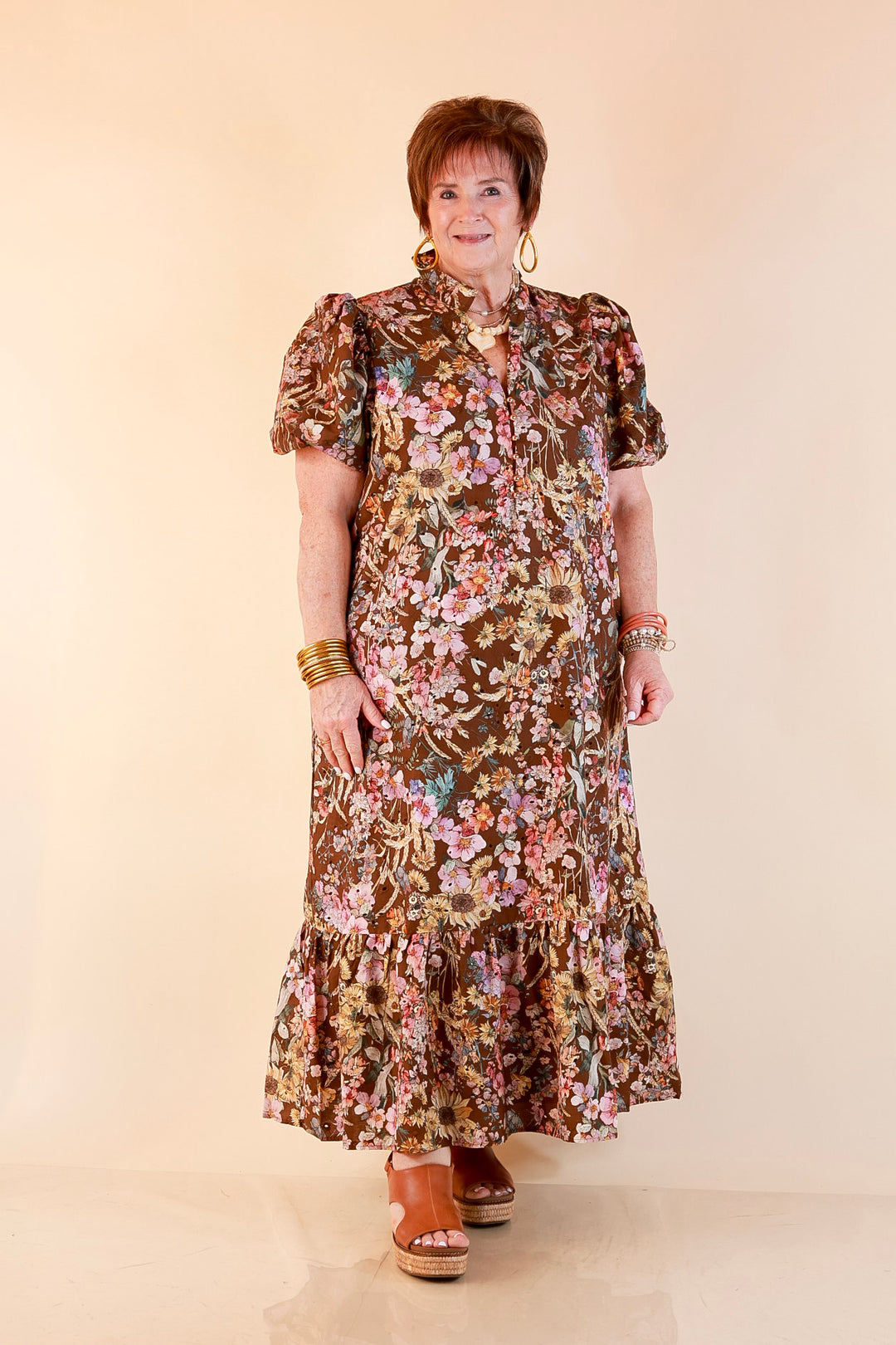 Room to Bloom Floral Eyelet Ruffle Collar Puff Sleeve Maxi Dress in Brown