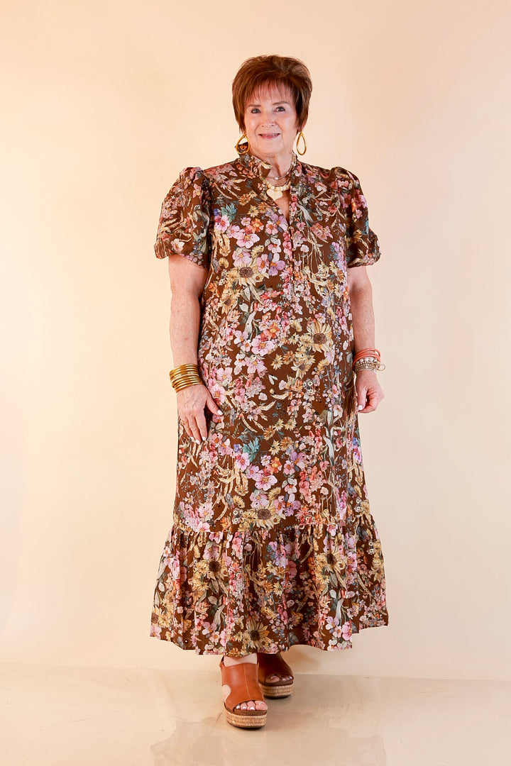 Room to Bloom Floral Eyelet Ruffle Collar Puff Sleeve Maxi Dress in Brown