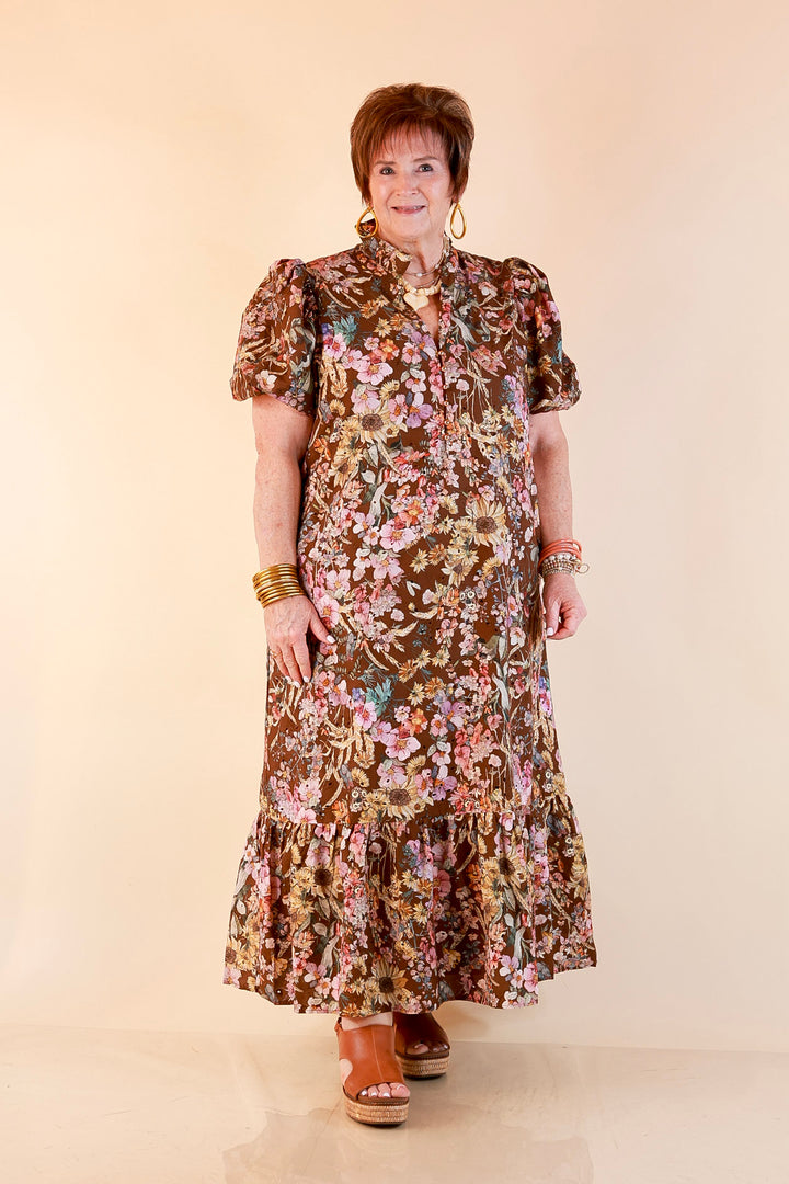 Room to Bloom Floral Eyelet Ruffle Collar Puff Sleeve Maxi Dress in Brown