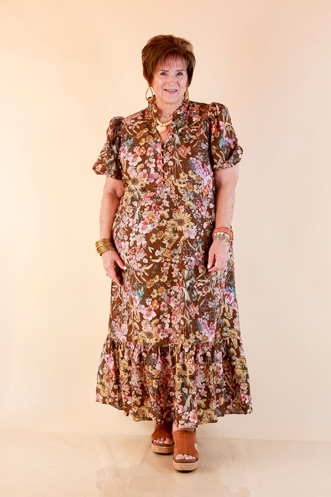 Room to Bloom Floral Eyelet Ruffle Collar Puff Sleeve Maxi Dress in Brown