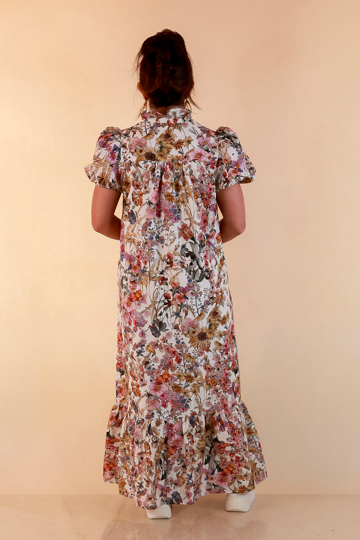 Room to Bloom Floral Eyelet Ruffle Collar Puff Sleeve Maxi Dress in Ecru