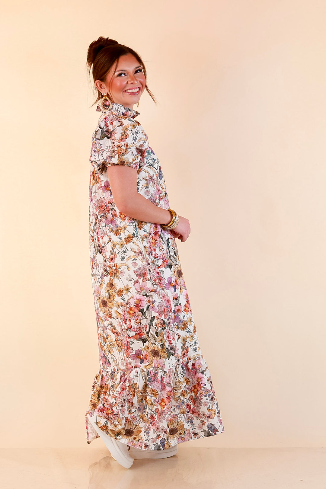 Room to Bloom Floral Eyelet Ruffle Collar Puff Sleeve Maxi Dress in Ecru