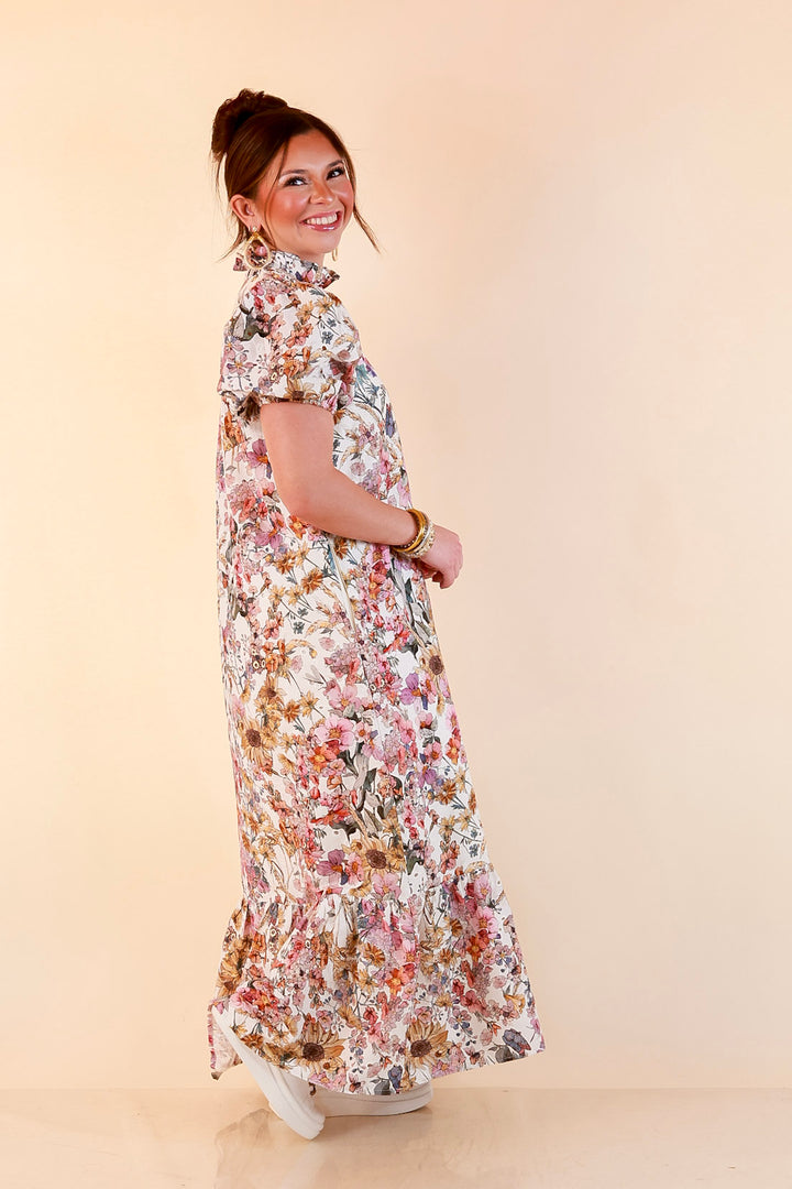 Room to Bloom Floral Eyelet Ruffle Collar Puff Sleeve Maxi Dress in Ecru