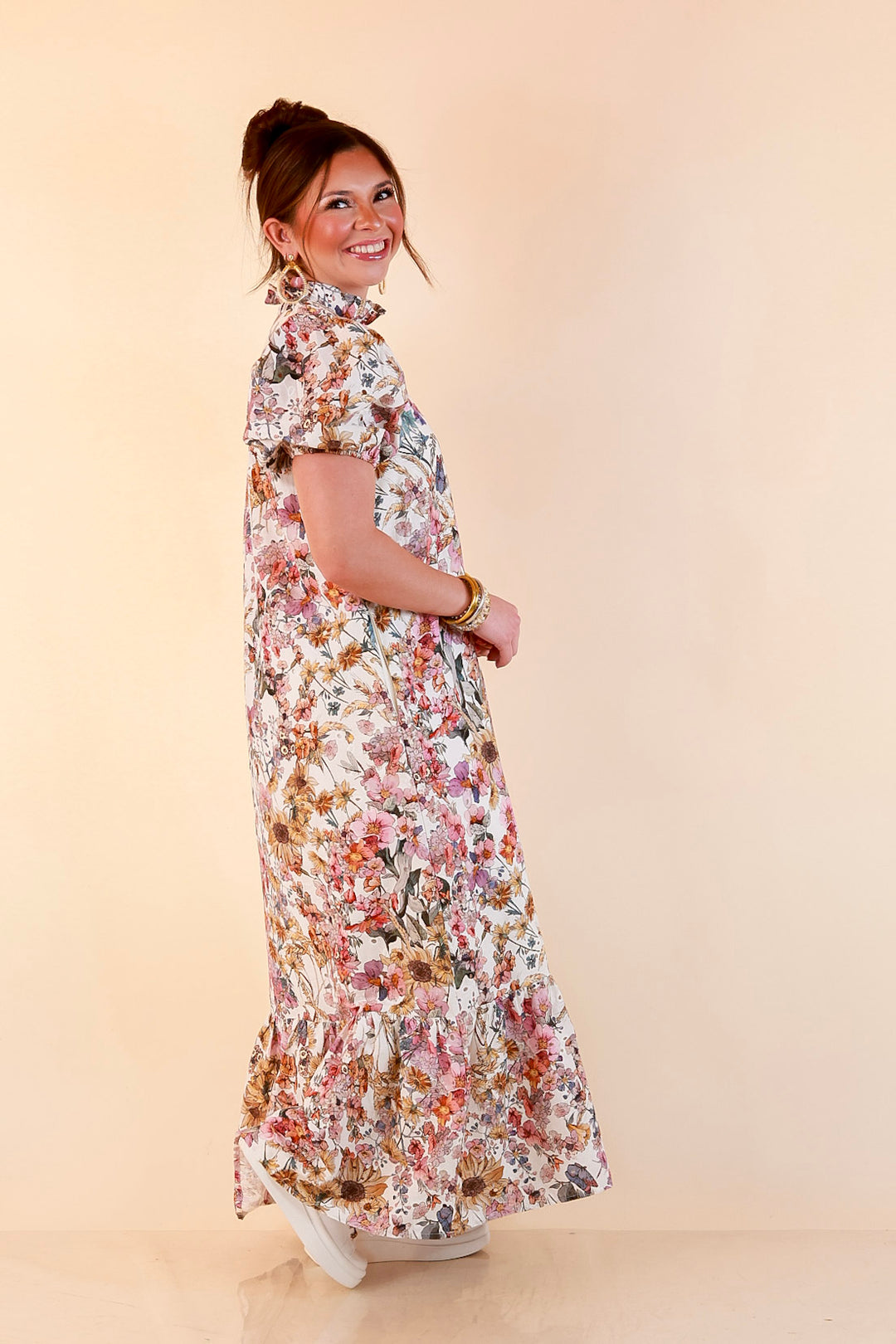 Room to Bloom Floral Eyelet Ruffle Collar Puff Sleeve Maxi Dress in Ecru