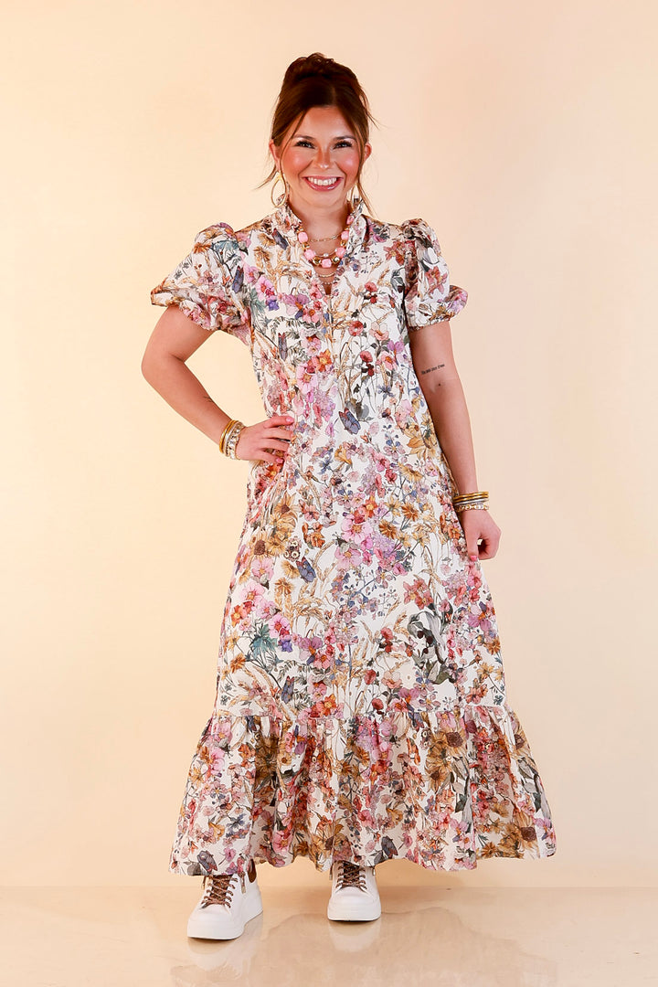 Room to Bloom Floral Eyelet Ruffle Collar Puff Sleeve Maxi Dress in Ecru