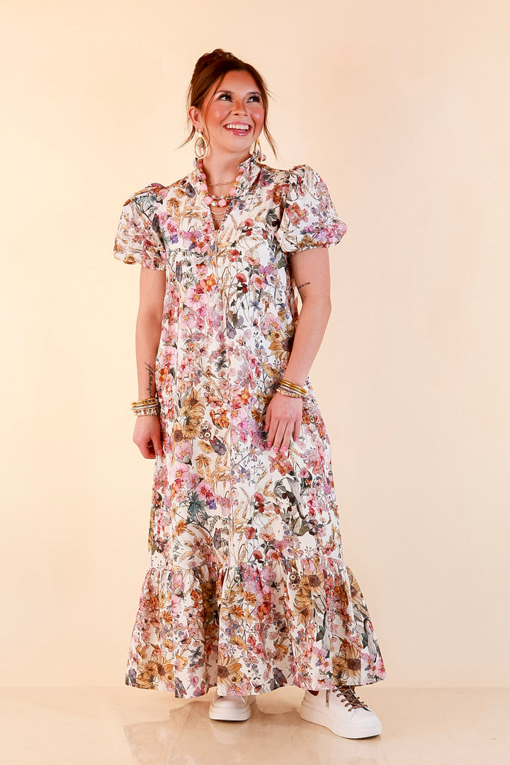Room to Bloom Floral Eyelet Ruffle Collar Puff Sleeve Maxi Dress in Ecru