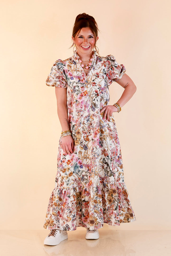 Room to Bloom Floral Eyelet Ruffle Collar Puff Sleeve Maxi Dress in Ecru