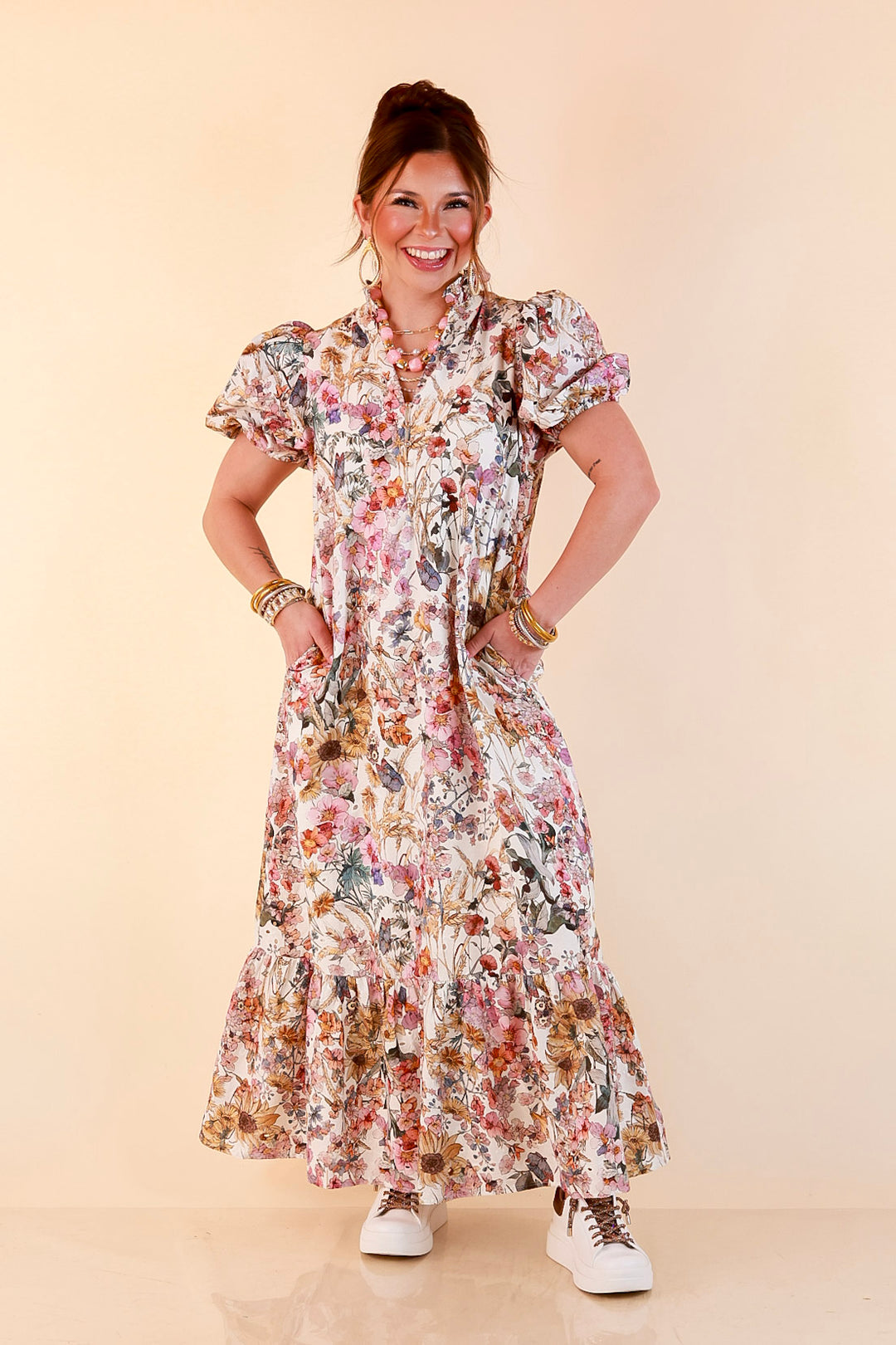 Room to Bloom Floral Eyelet Ruffle Collar Puff Sleeve Maxi Dress in Ecru