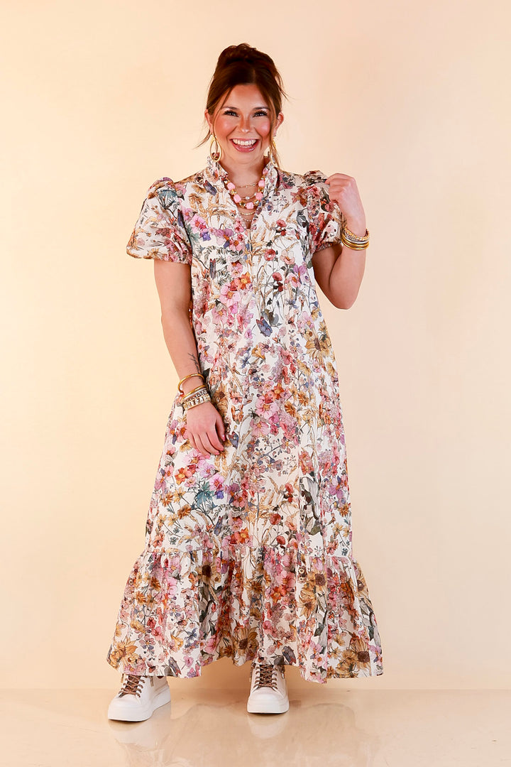 Room to Bloom Floral Eyelet Ruffle Collar Puff Sleeve Maxi Dress in Ecru