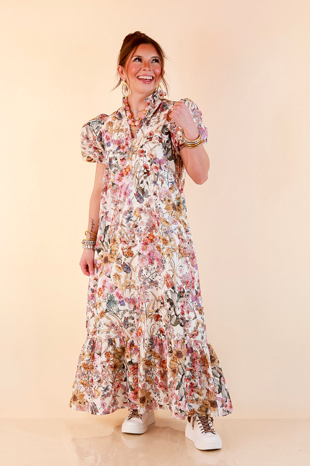 Room to Bloom Floral Eyelet Ruffle Collar Puff Sleeve Maxi Dress in Ecru