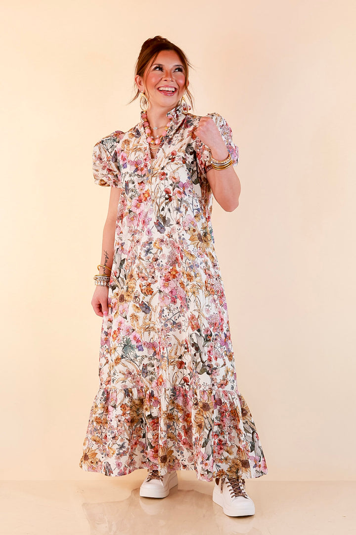Room to Bloom Floral Eyelet Ruffle Collar Puff Sleeve Maxi Dress in Ecru