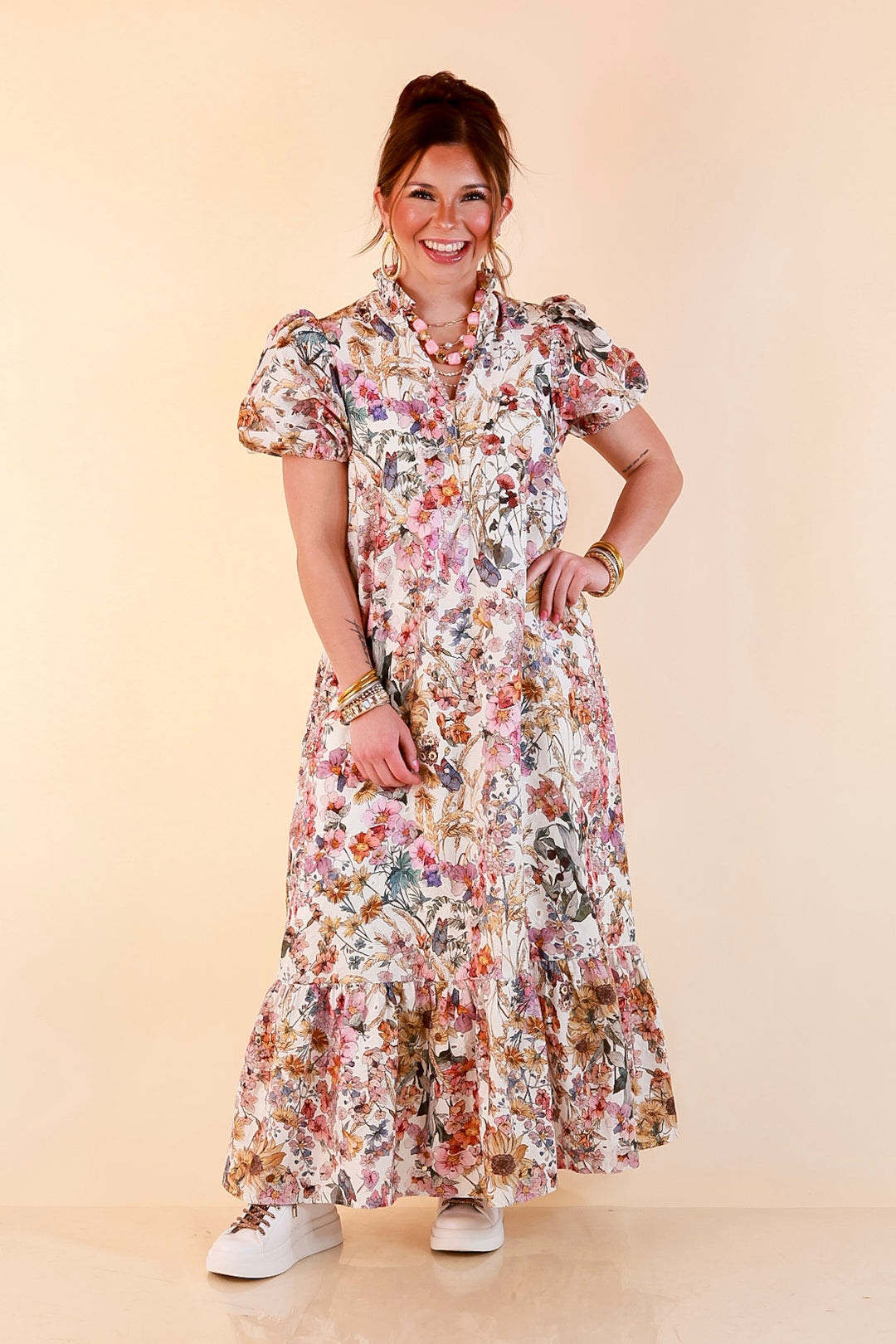 Room to Bloom Floral Eyelet Ruffle Collar Puff Sleeve Maxi Dress in Ecru