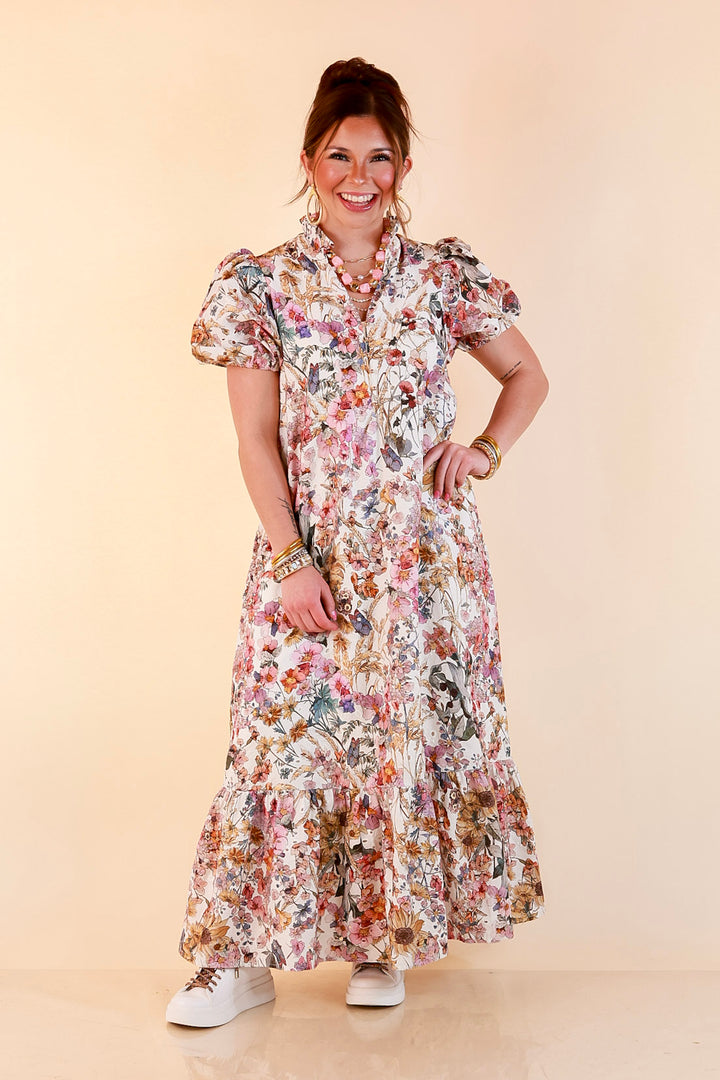 Room to Bloom Floral Eyelet Ruffle Collar Puff Sleeve Maxi Dress in Ecru