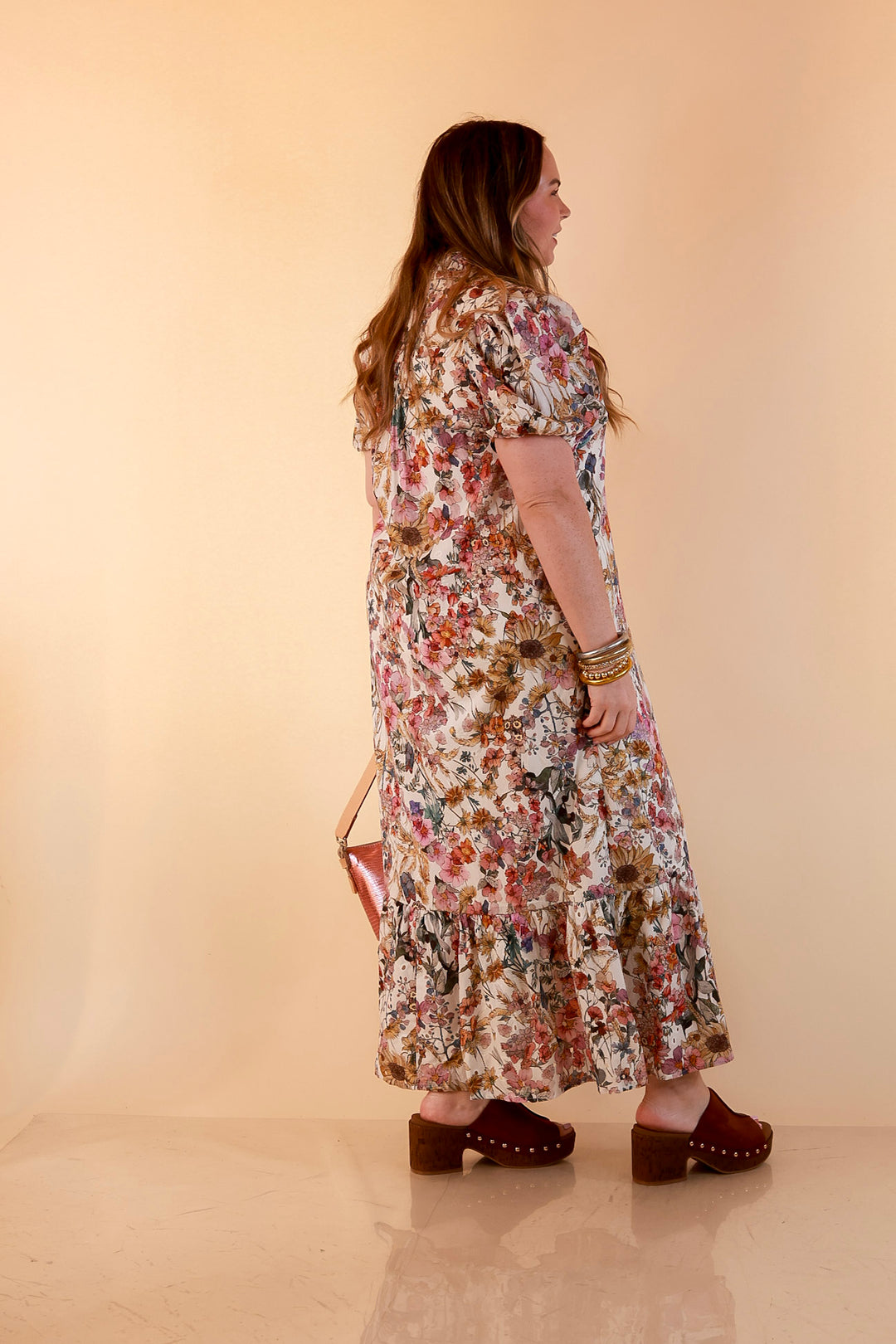 Room to Bloom Floral Eyelet Ruffle Collar Puff Sleeve Maxi Dress in Ecru