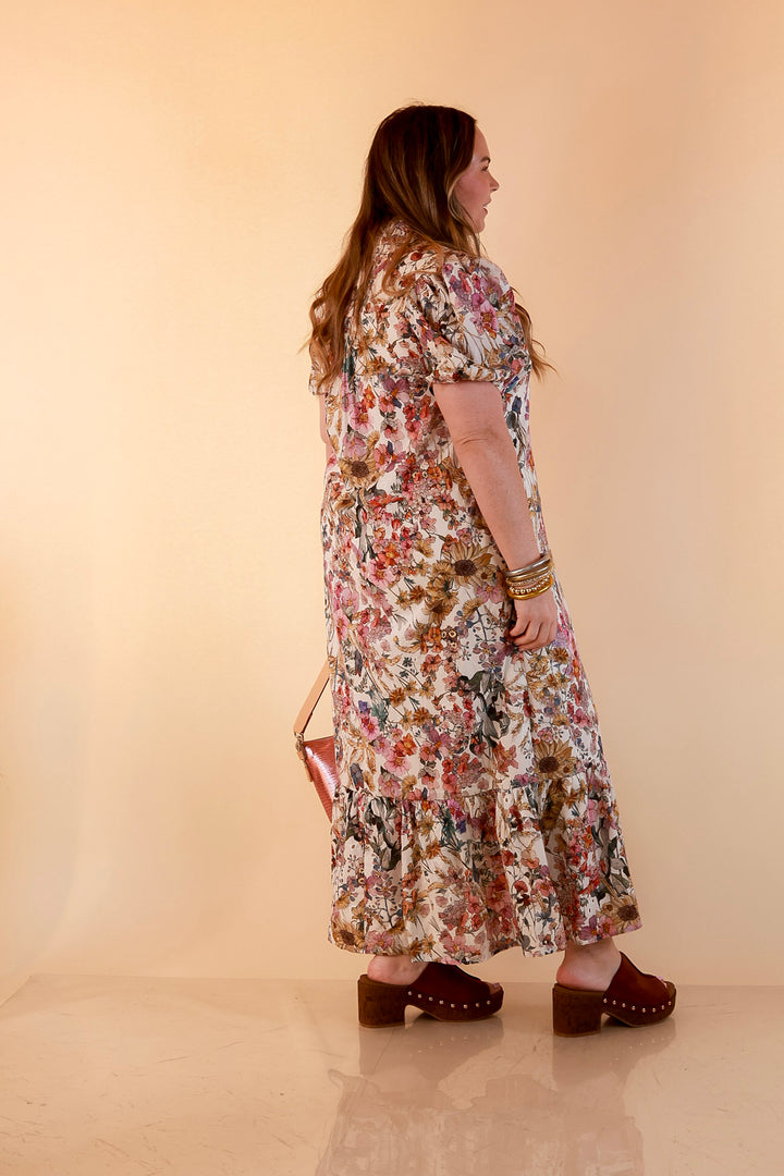 Room to Bloom Floral Eyelet Ruffle Collar Puff Sleeve Maxi Dress in Ecru