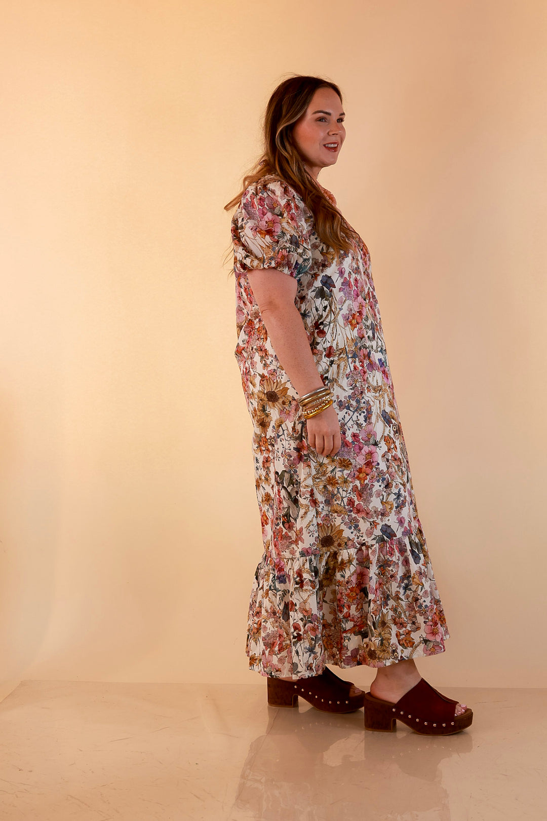 Room to Bloom Floral Eyelet Ruffle Collar Puff Sleeve Maxi Dress in Ecru