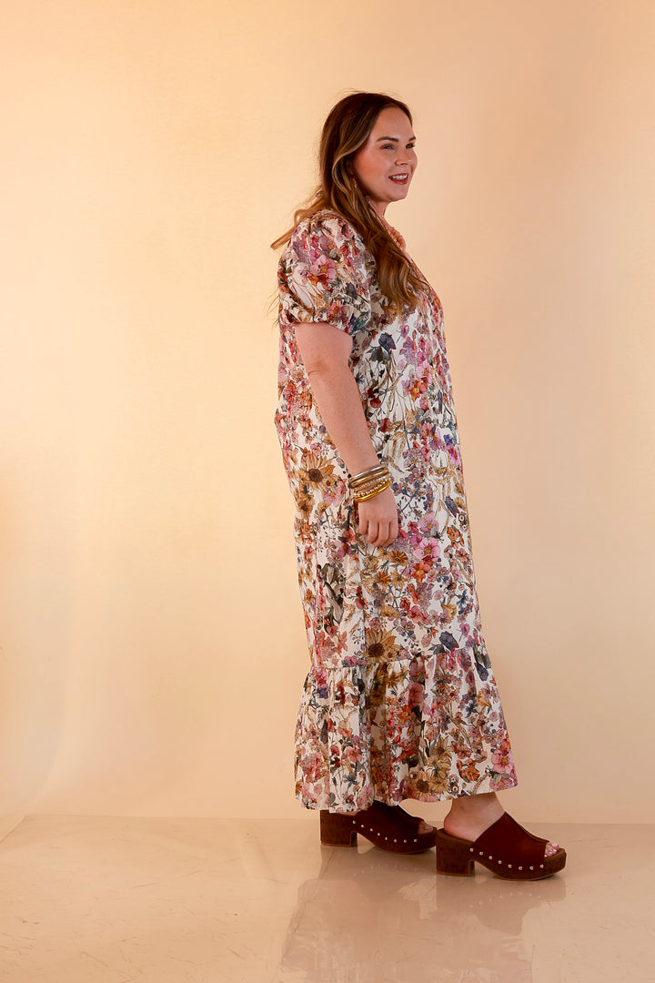 Room to Bloom Floral Eyelet Ruffle Collar Puff Sleeve Maxi Dress in Ecru