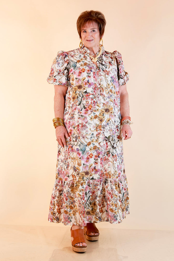 Room to Bloom Floral Eyelet Ruffle Collar Puff Sleeve Maxi Dress in Ecru
