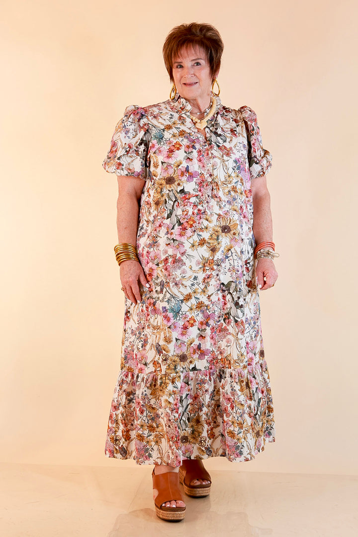 Room to Bloom Floral Eyelet Ruffle Collar Puff Sleeve Maxi Dress in Ecru