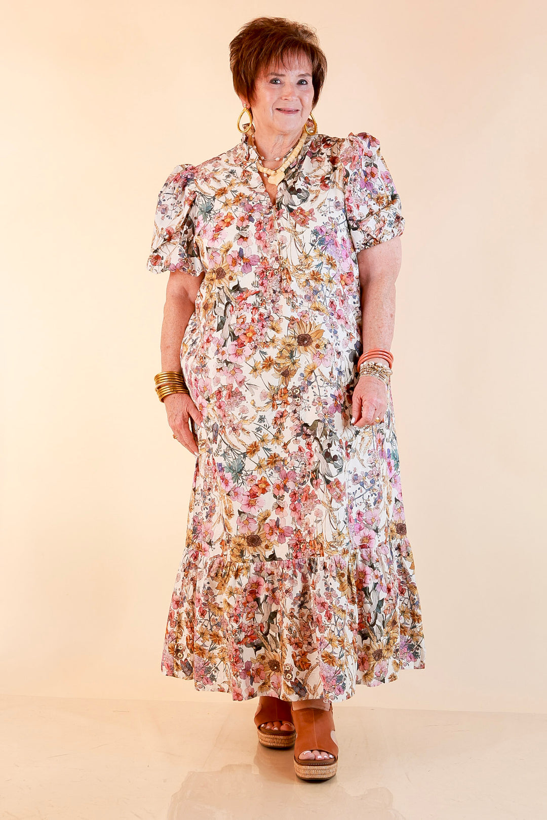 Room to Bloom Floral Eyelet Ruffle Collar Puff Sleeve Maxi Dress in Ecru