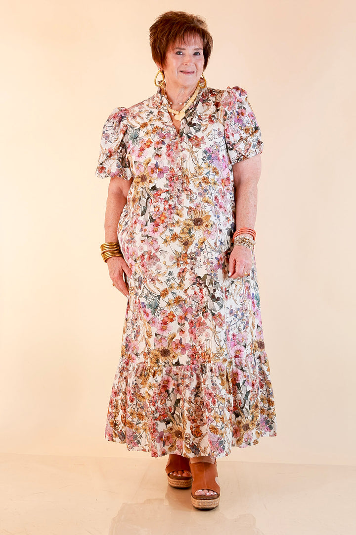 Room to Bloom Floral Eyelet Ruffle Collar Puff Sleeve Maxi Dress in Ecru