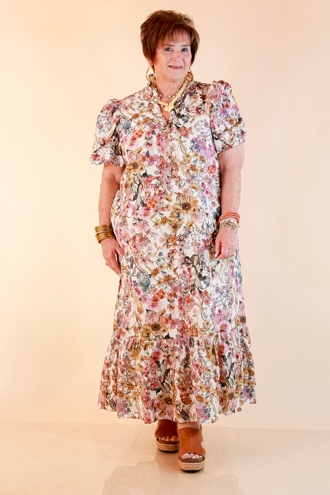 Room to Bloom Floral Eyelet Ruffle Collar Puff Sleeve Maxi Dress in Ecru