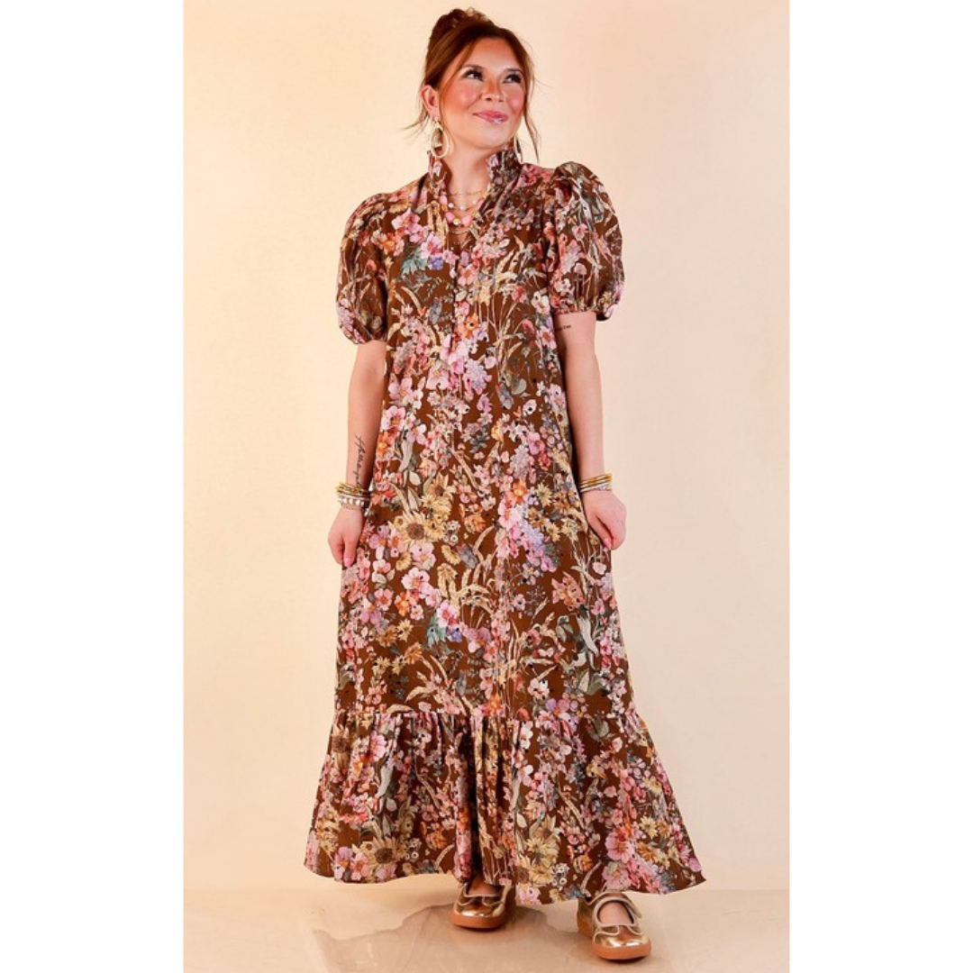 Room to Bloom Floral Eyelet Ruffle Collar Puff Sleeve Maxi Dress in Brown