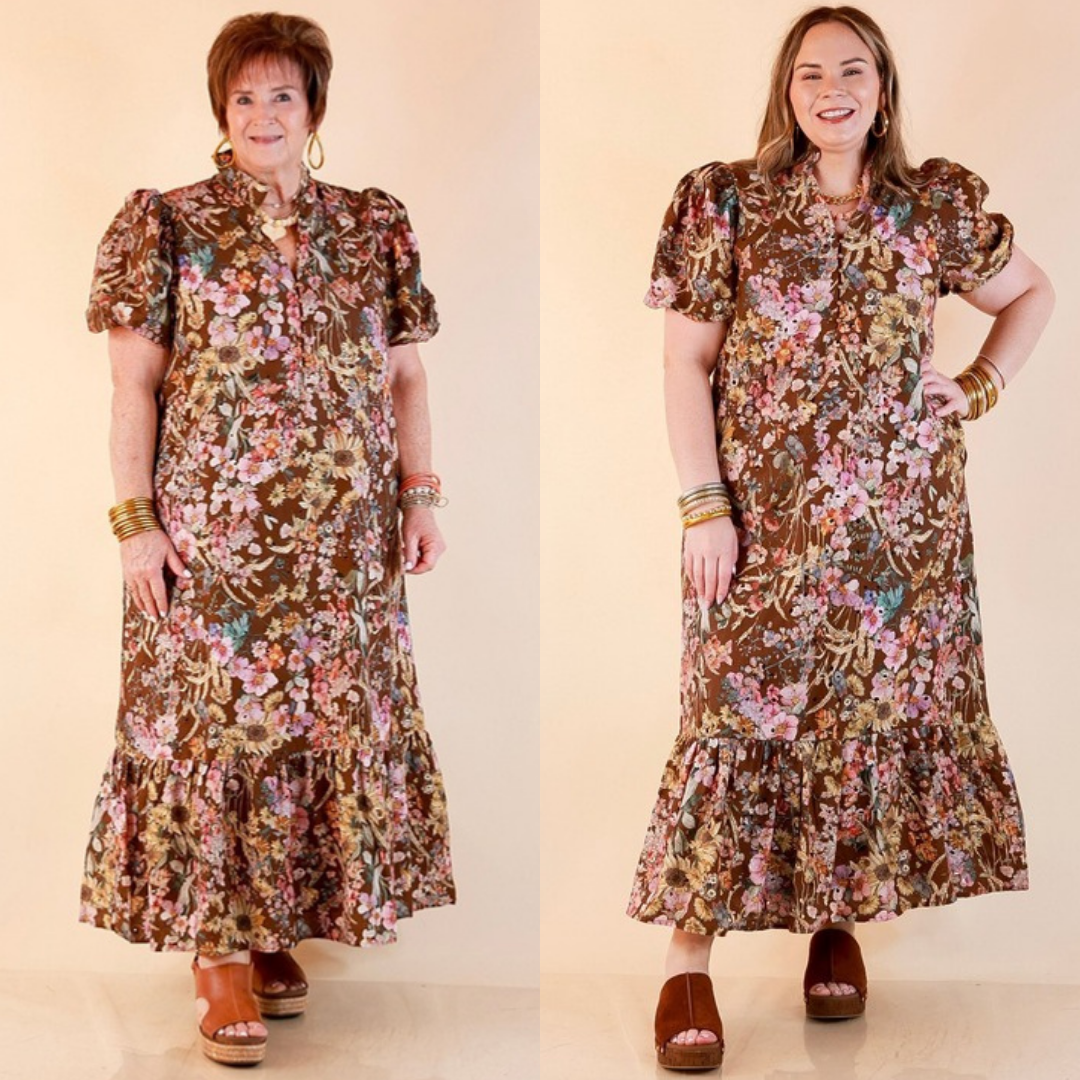 Room to Bloom Floral Eyelet Ruffle Collar Puff Sleeve Maxi Dress in Brown
