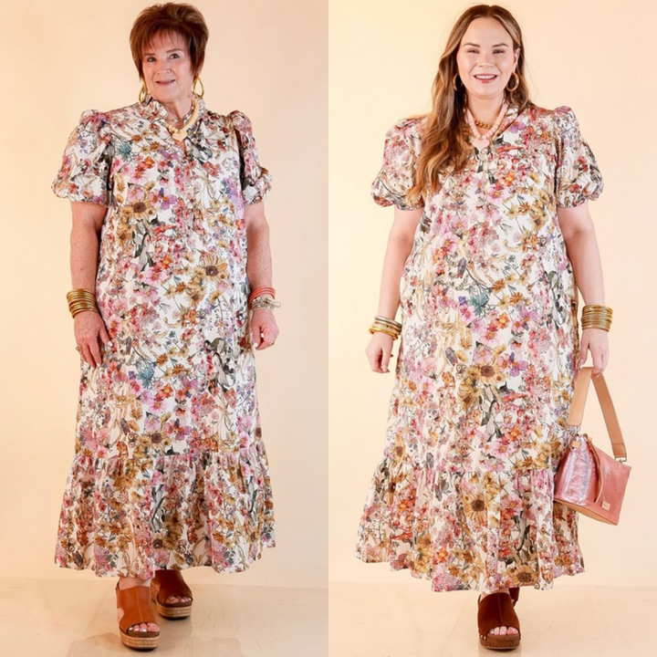 Room to Bloom Floral Eyelet Ruffle Collar Puff Sleeve Maxi Dress in Ecru
