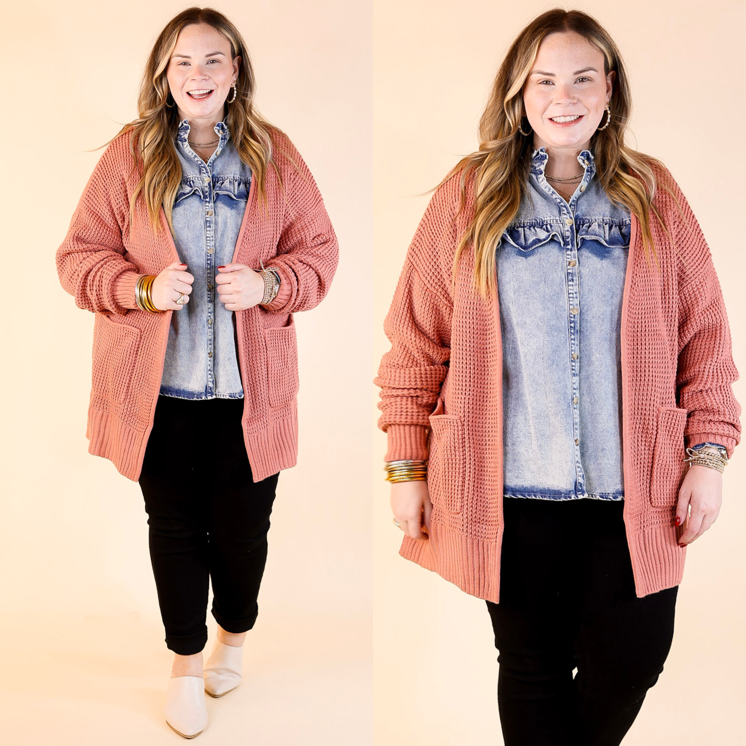 Cozy Layers Waffle Knit Cardigan in Dusty Rose Pink