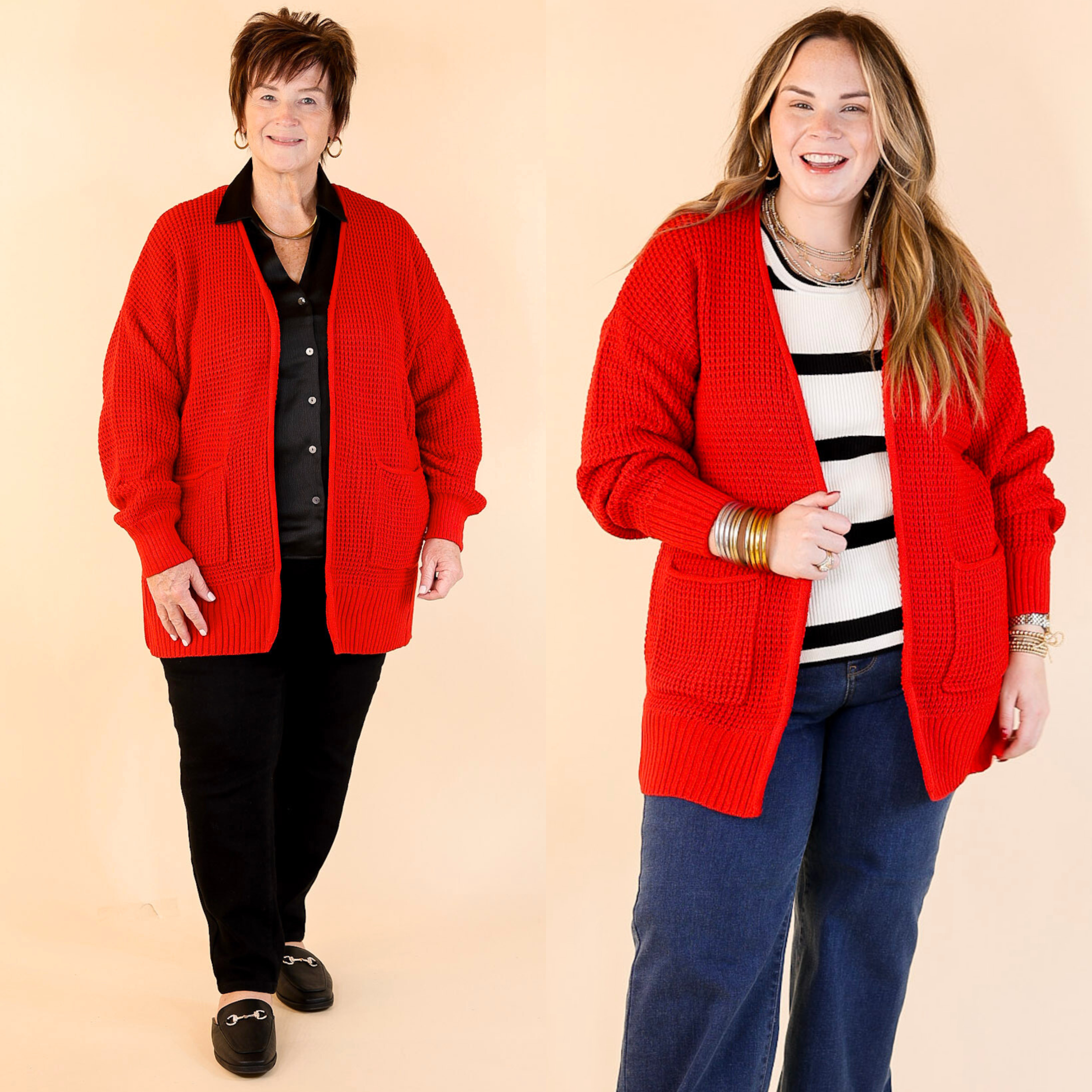Ruby Rd Cardigans Cozy Layers Waffle Knit Cardigan in Ruby Red – Giddy Up Glamour Boutique