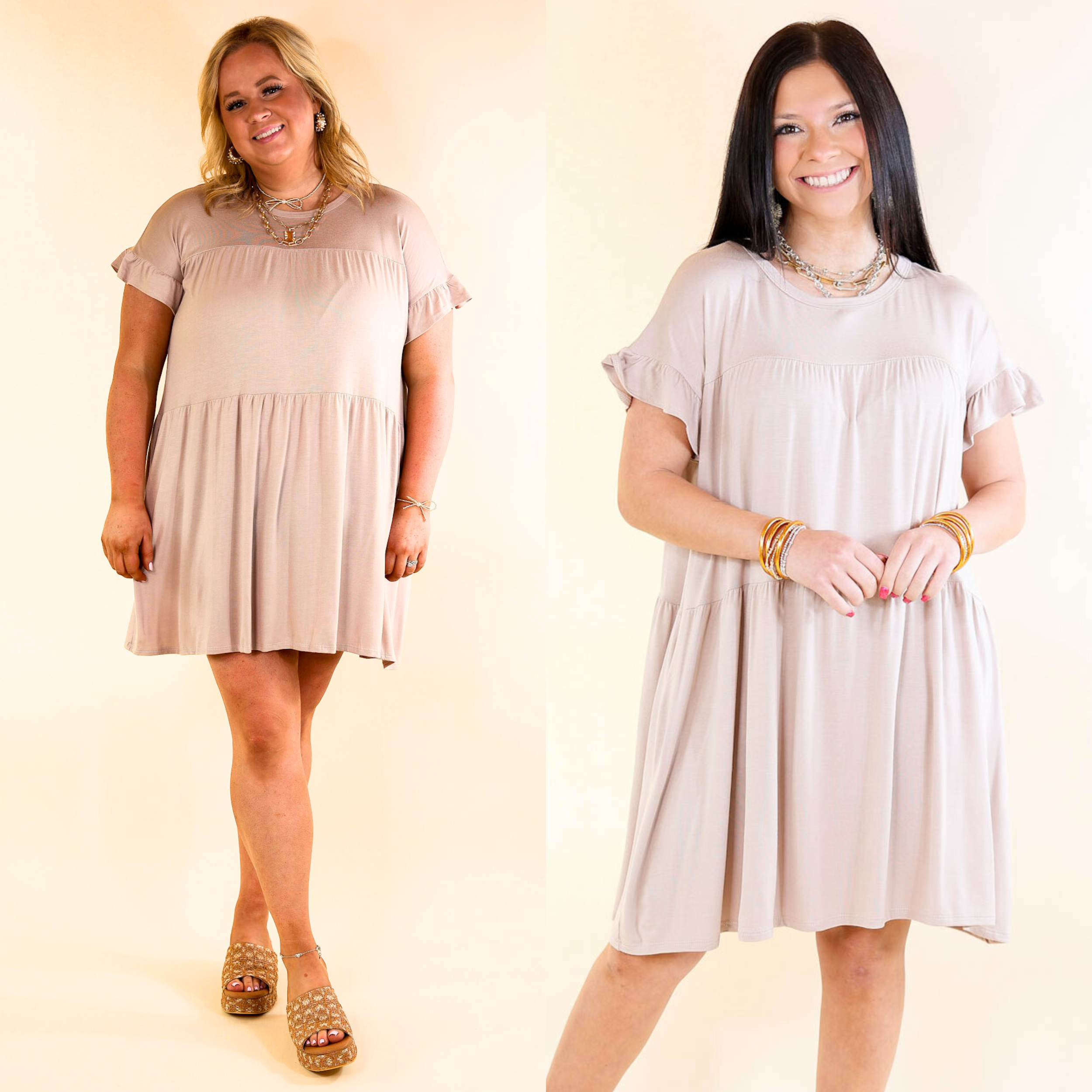 Gorgeous Girly Ruffle Sleeve Tiered Dress in Taupe