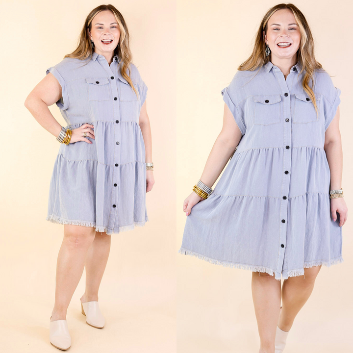 This tiered ruffle dress is perfect for every body type and oh-so flattering! This dress includes short sleeves, a button up front, two chest pockets, a frayed hemline, and lots of style! The material has a washed out tone to give it a vintage look. Available in sizes small through plus size. 