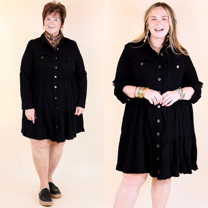 Chic Darling Ruffle Tiered Button Up Dress with Long Sleeves in Black