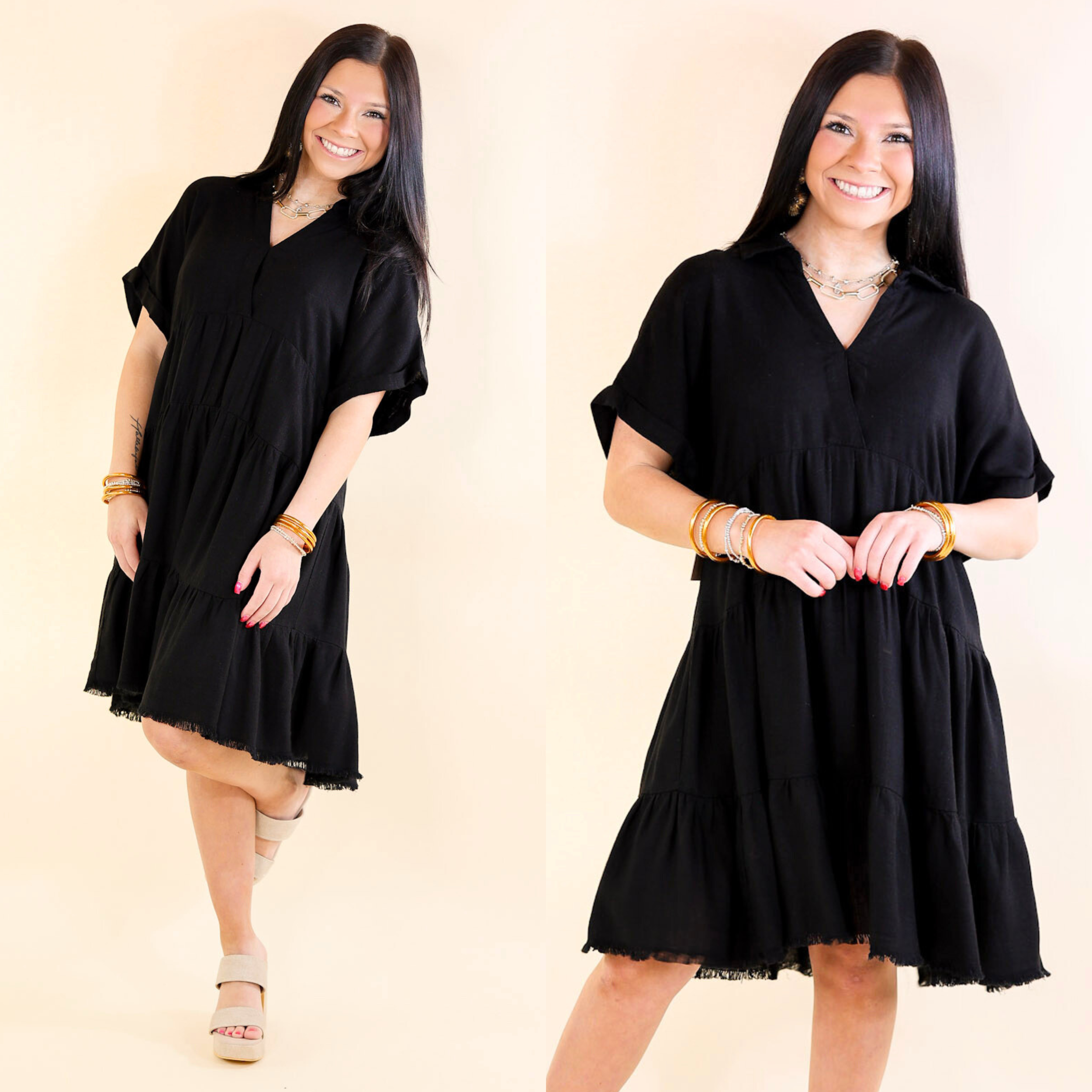 Last Chance Size Small & Medium | Taos Transitions Ruffle Tiered Collared Dress with Frayed Hem in Black