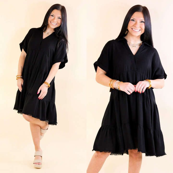 Last Chance Size Small | Taos Transitions Ruffle Tiered Collared Dress with Frayed Hem in Black