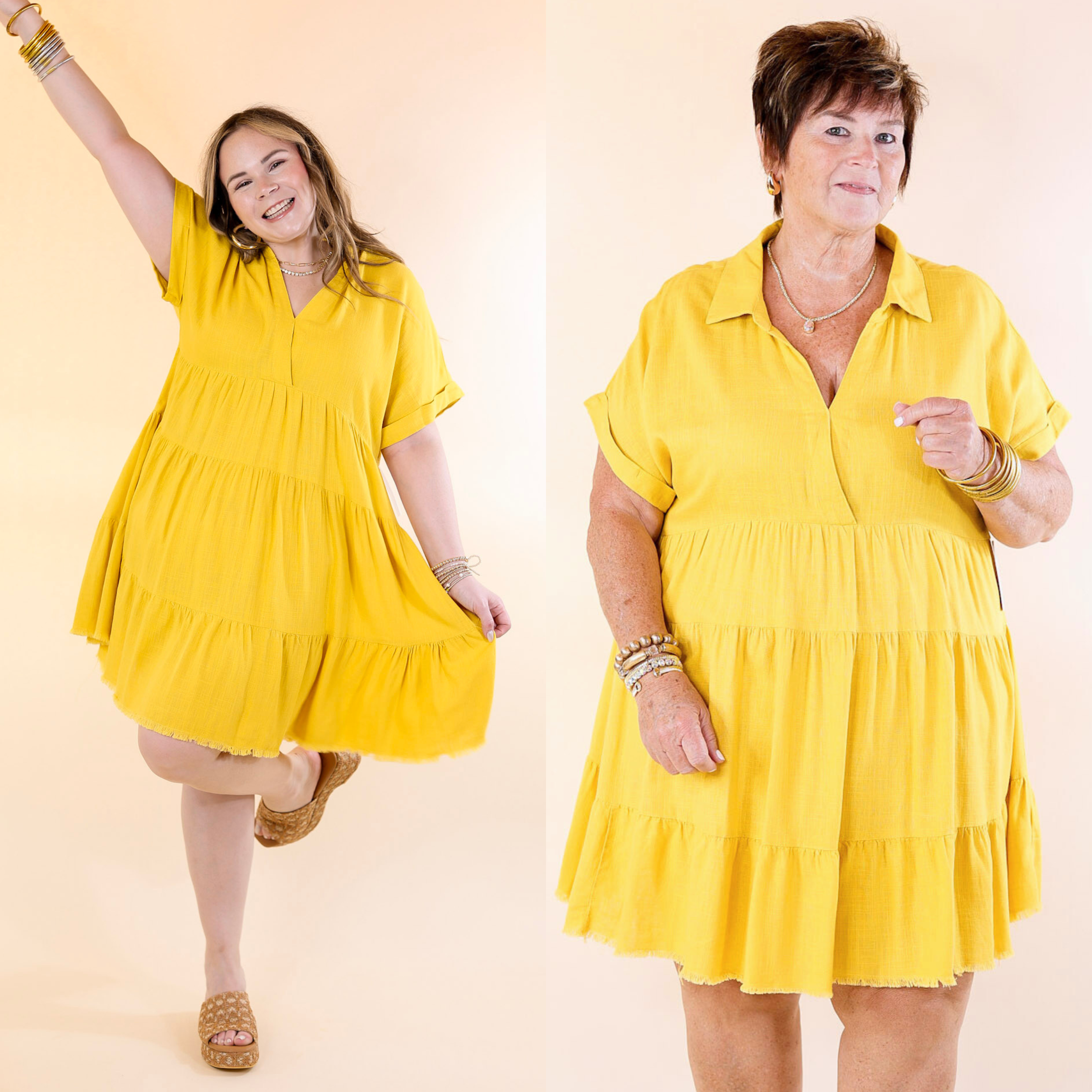 Taos Transitions Ruffle Tiered Collared Dress with Frayed Hem in Yellow