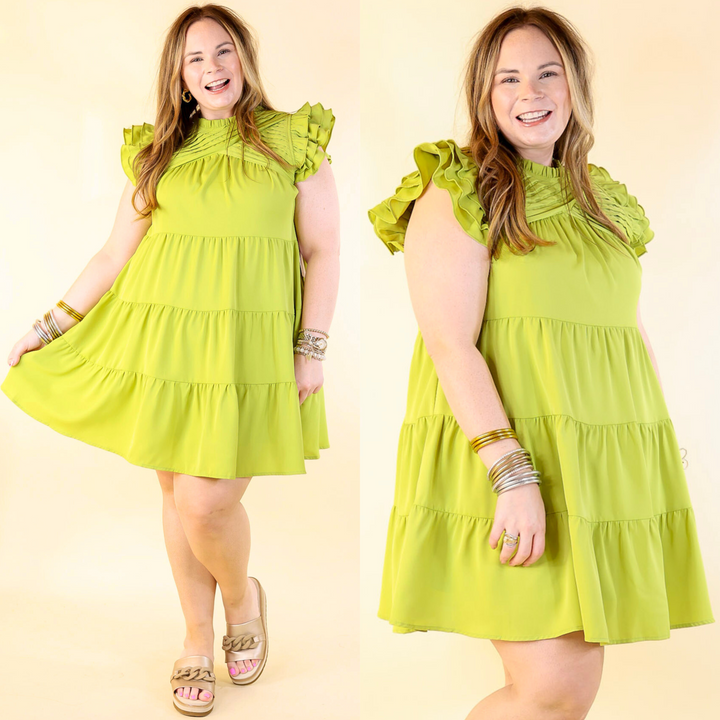 Chic On Scene Ruffle Tiered Dress with Pleated Detailing in Pistachio Green