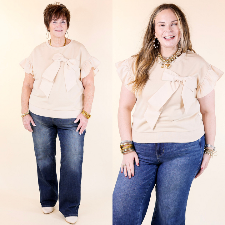 Last Chance Size XL | All About the Bow Crewneck Top with Ruffle Cap Sleeves in Cream