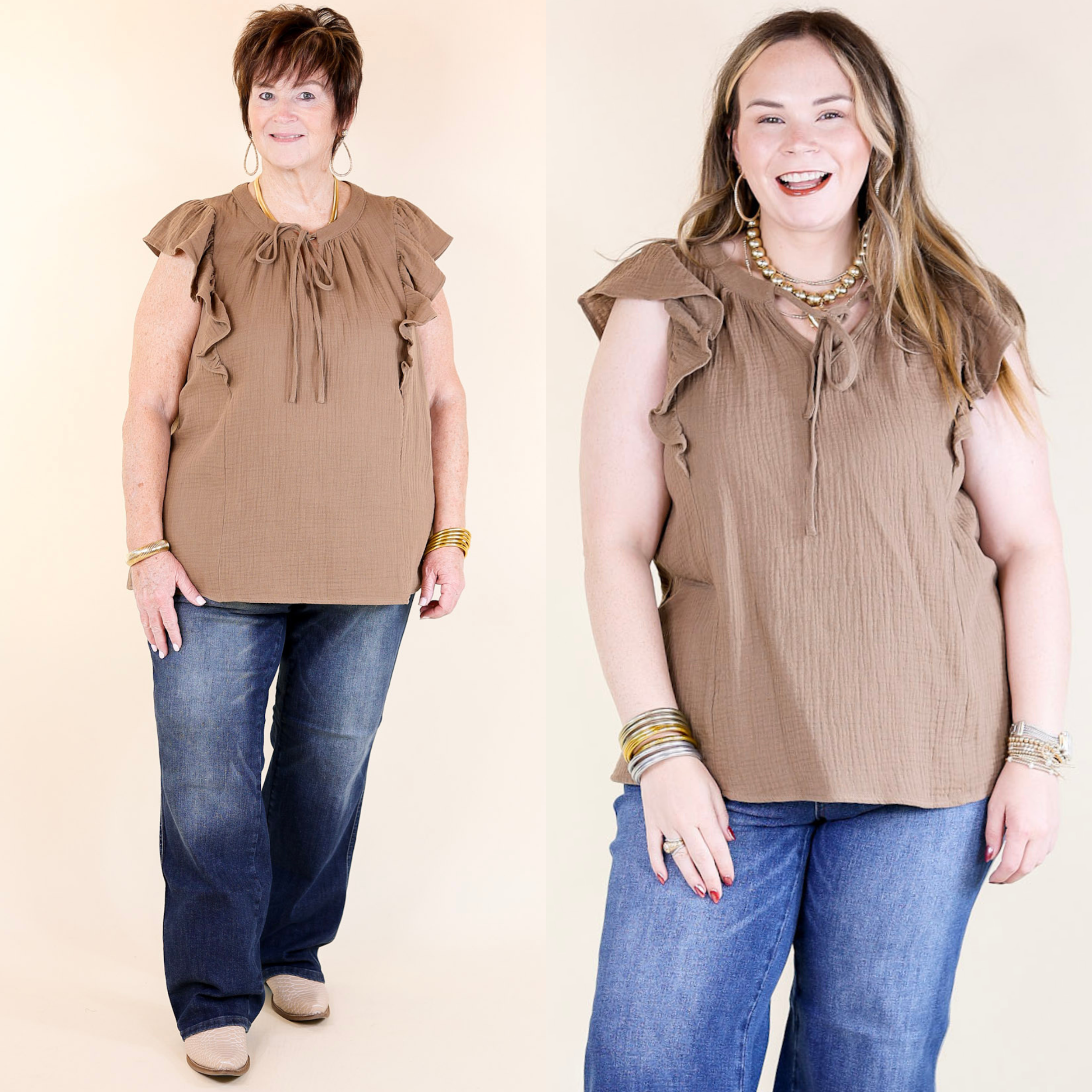 Dual Season Delight Ruffle Cap Sleeve Top with Keyhole and Tie Neckline in Mocha Brown