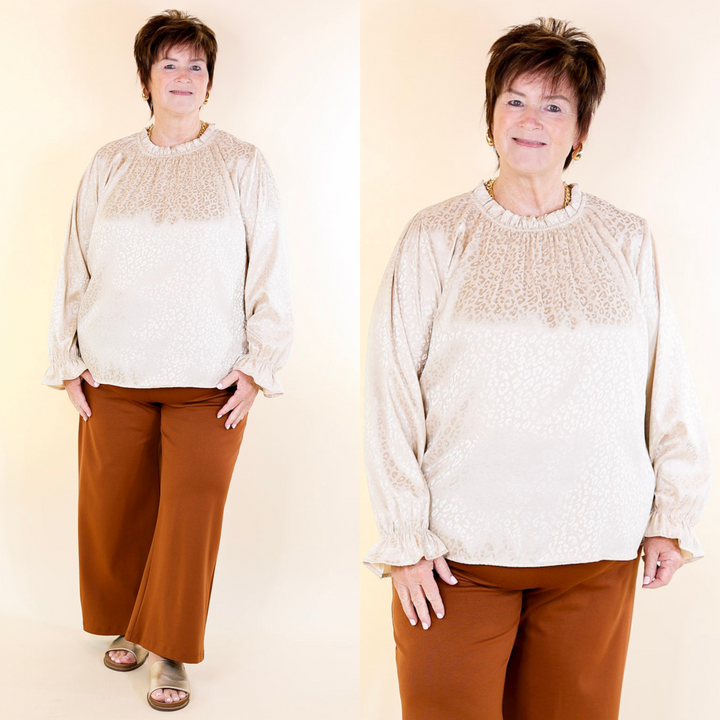 Mood Setter Ruffle Mock Neck Long Sleeve Leopard Print Satin Top in Ivory