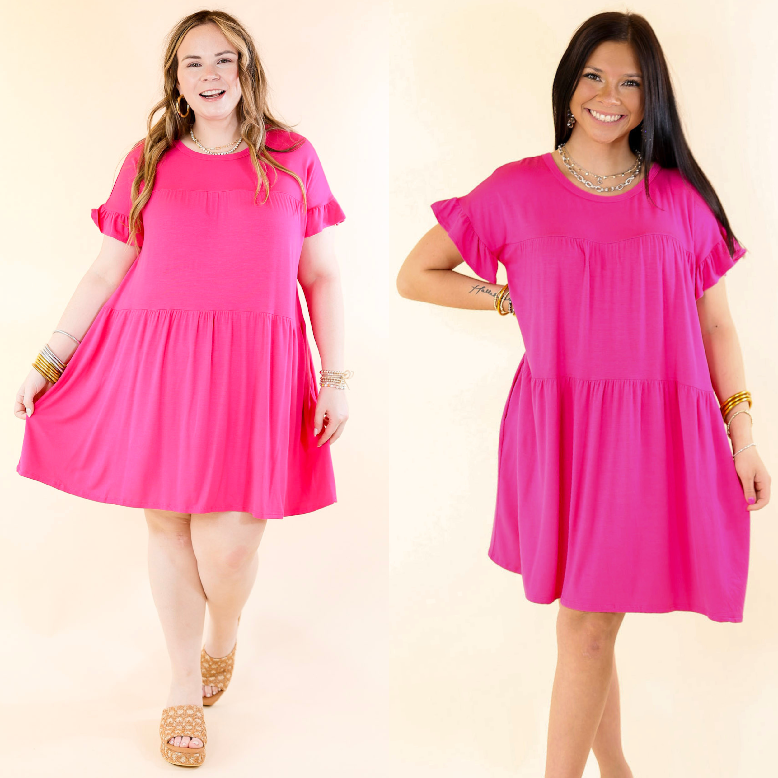 Gorgeous Girly Ruffle Sleeve Tiered Dress in Fuchsia Pink