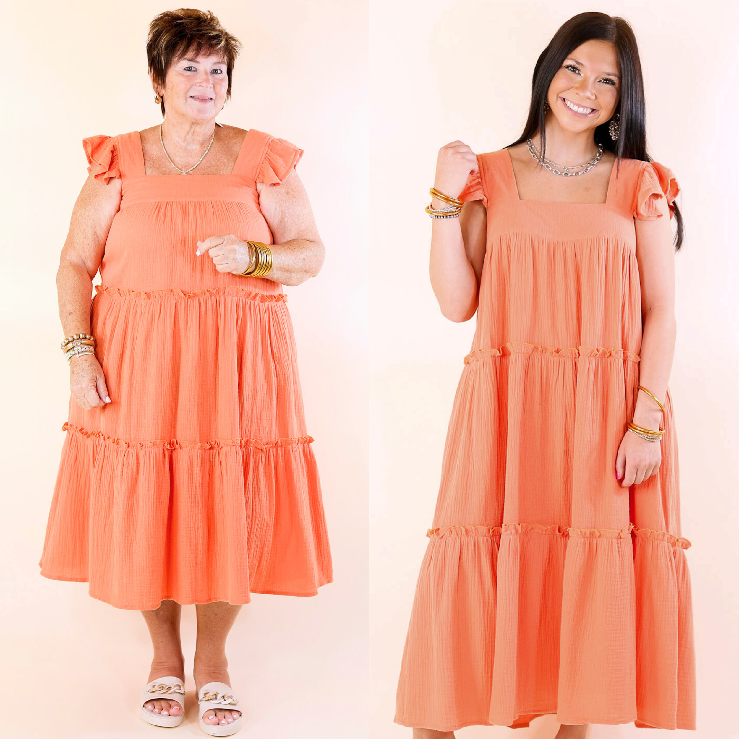 Sun-Sational Ruffle Tiered Tank Midi Dress in Orange