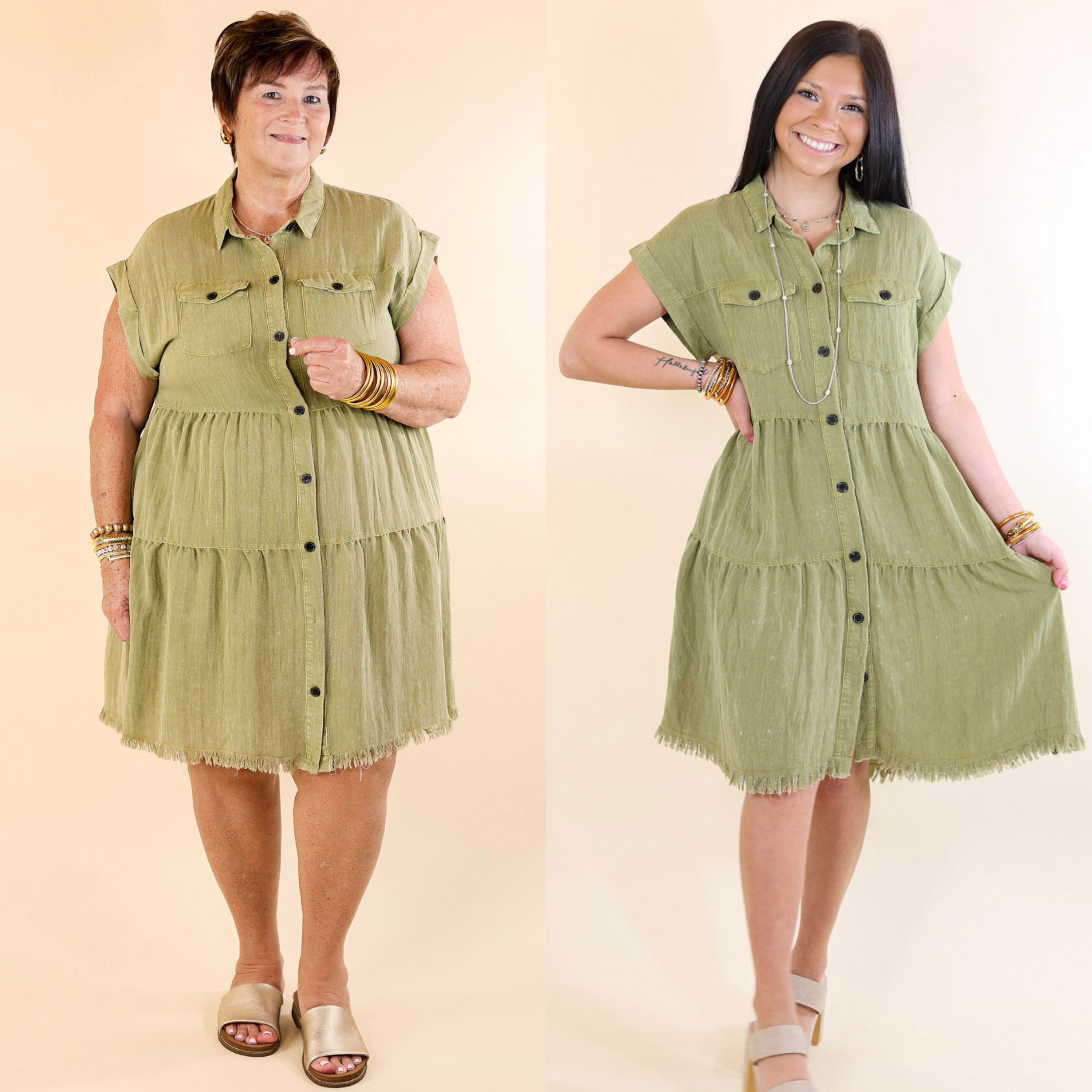 Oh Darling Ruffle Tiered Button Up Dress in Olive Green