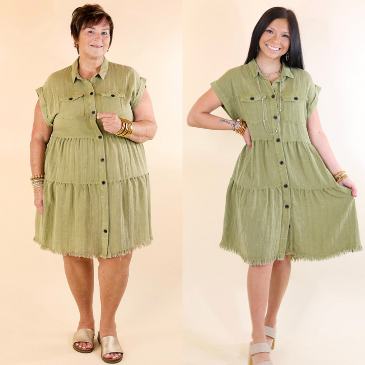 Oh Darling Ruffle Tiered Button Up Dress in Olive Green