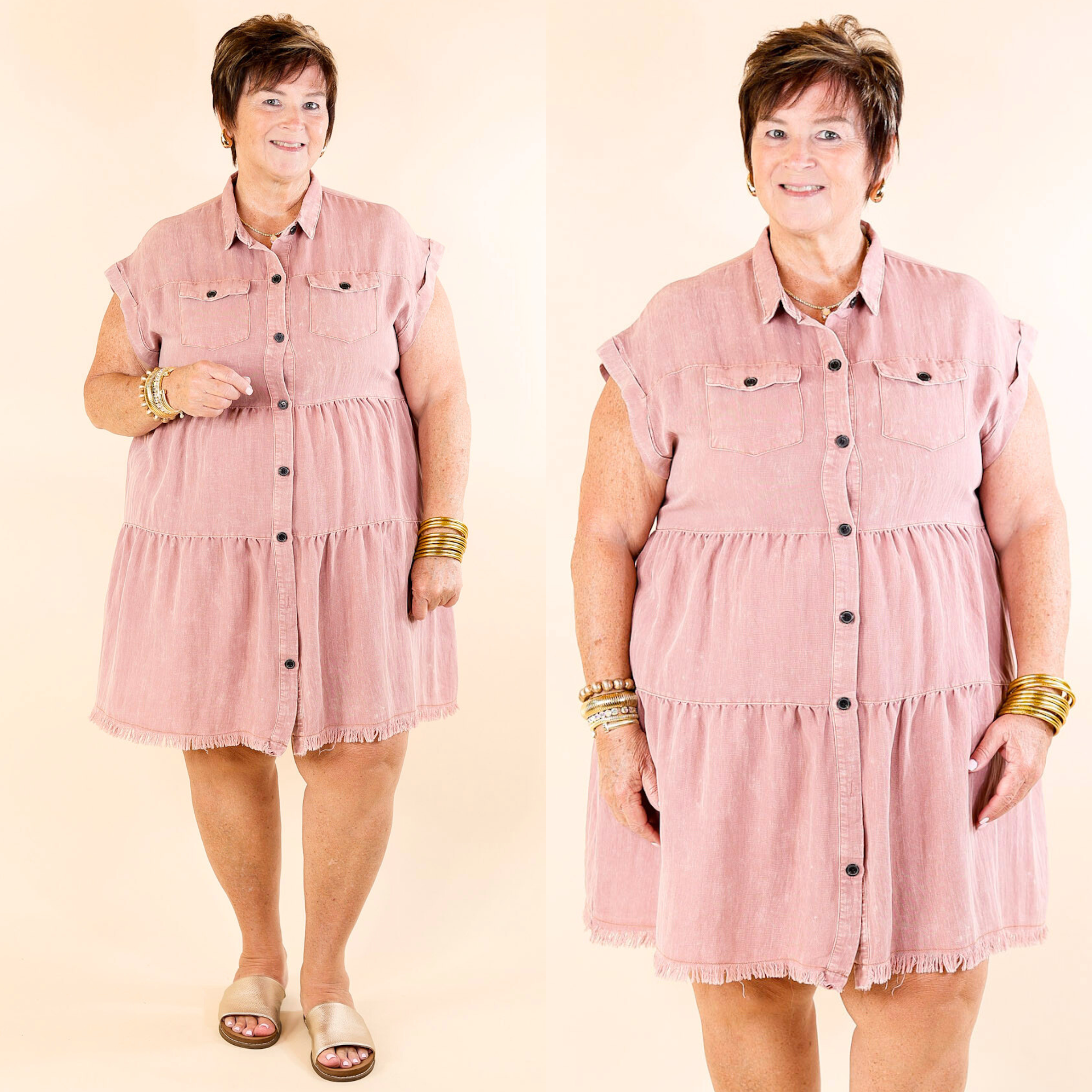 Plus Sizes | Oh Darling Ruffle Tiered Button Up Dress in Dark Mauve Pink