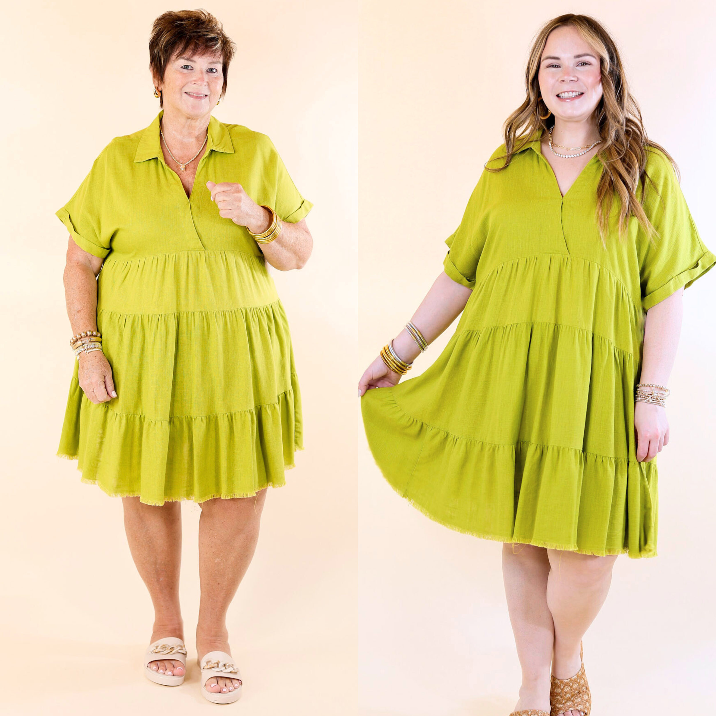 Taos Transitions Ruffle Tiered Collared Dress with Frayed Hem in Avocado Green